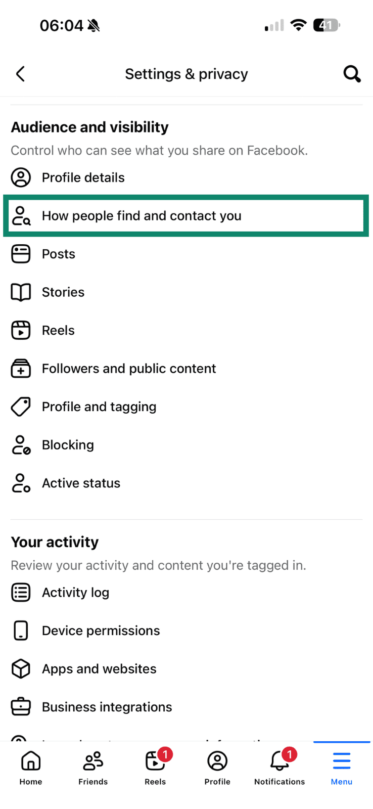 Facebook mobile settings menu with