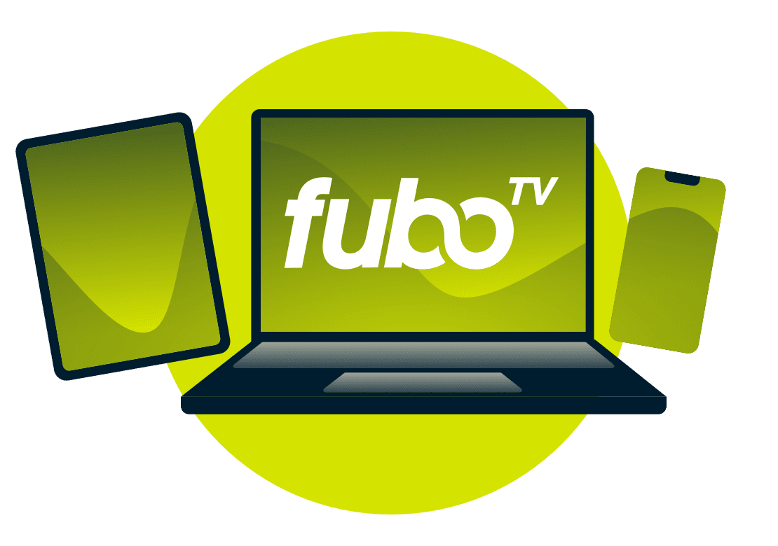 Um laptop, tablet e telefone, com o logotipo da fuboTV.