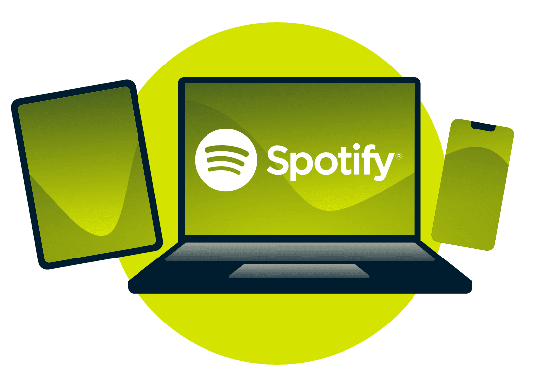 Un ordinateur portable, une tablette et un téléphone, avec le logo de Spotify.